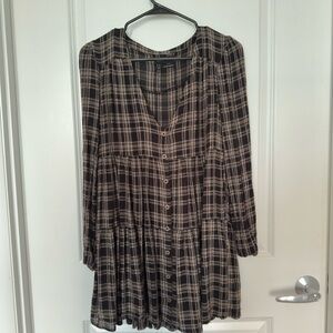 Urban outfitters Plaid Black and Cream long sleeve babydoll Dress